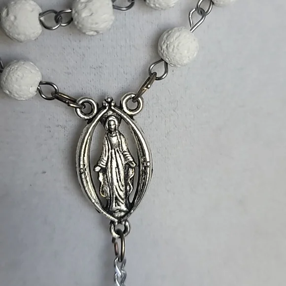 Elegant Rosary Beads White Ceramic & Blue Glass Beaded Necklace 20" - Picture 4 of 5